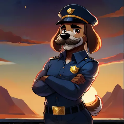 Furry, dog man, droopy dog ears, ((bushy eyebrows)), dressed like a police captain, black fur, bushy mustache, chubby, day-time, arms crossed