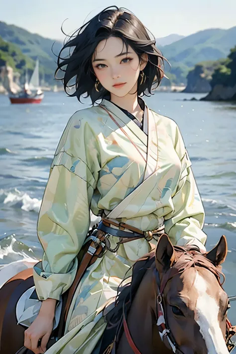 (highest quality、high resolution、masterpiece)、(anime art 4k)、(realistic)、horseback archery、portraiture、 (whole body)、(1 person)、...