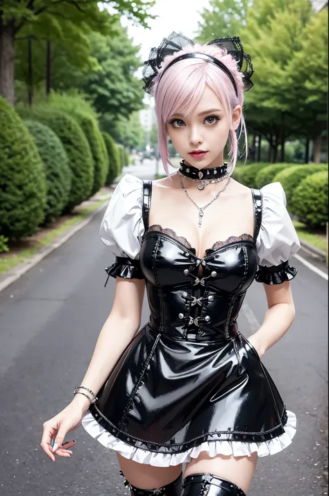 sexy stylish Swedish model, only 1 female, ((doll-like appearance)), short neon pink stylish hair, ((shiny Punk-Style boots)), (beautiful smile), ultra detailed eyes, detailed makeup, lipgloss, ((sexy Punk Lolita cosplay)), unconventional skirt, petticoats...