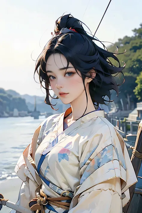 (Highest quality、High resolution、masterpiece)、(Anime Art 4k)、(Realistic)、Horseback archery、Portraiture、 (whole body)、(1 person)、20-year-old woman、Beautiful Face、 (Facial details)、Black Hair、 short hair、 Beautiful Hair、Skin Texture、Slim figure、Cinema Lighti...