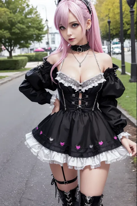 sexy stylish Swedish model, only 1 female, ((doll-like appearance)), short neon pink stylish hair, ((shiny Punk-Style boots)), (beautiful smile), ultra detailed eyes, detailed makeup, lipgloss, ((sexy Punk Lolita cosplay)), unconventional skirt, petticoats...