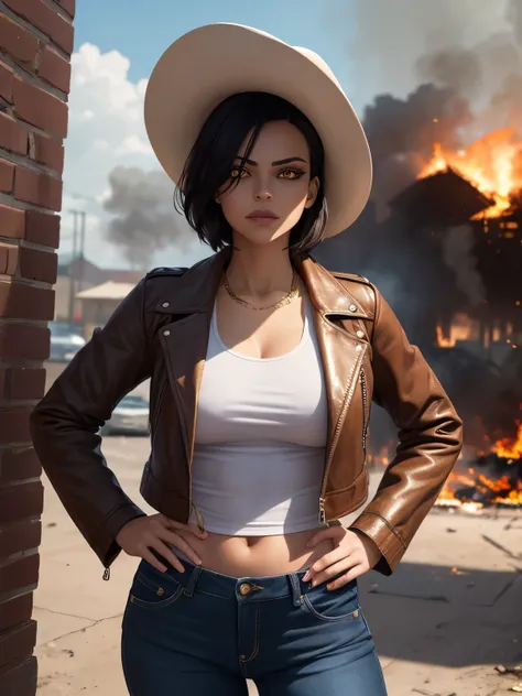 A fierce female gunslinger. she wears a (brown leather jacket), (cowboy hat), jeans, tanktop. athletic build, perfect breasts, detailed gold eyes, ((gold eyes:1.5)), purple lipstick, short black hair swept back, hair tied back, sharp facial features, firm ...