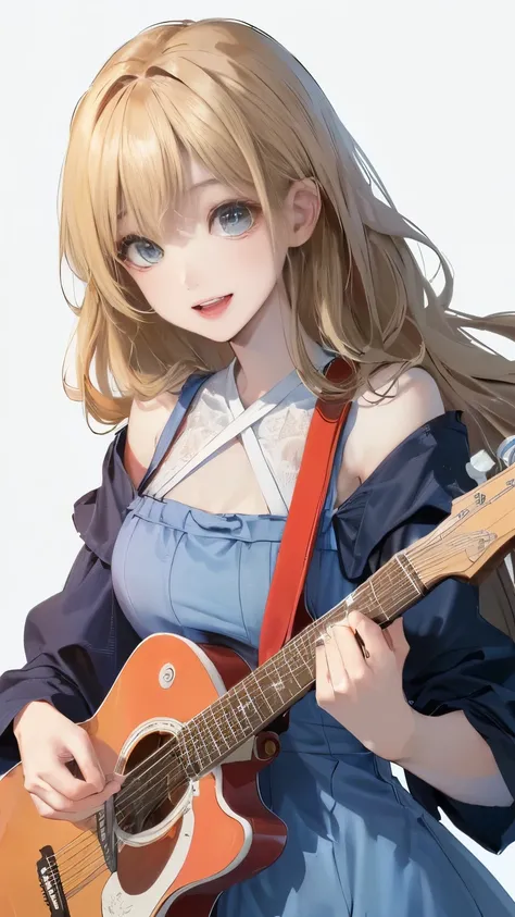 (((White wall background)))、(((Best image quality、8K、Beautiful woman、White wall background)))、guitarist、play the guitar、(((Woman with long hair、blonde、Girly Hairstyles)))、(((Happy face)))、(((Blue Dress、)))、(((Pure white background)))