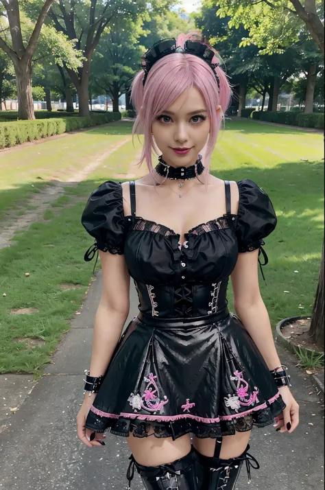 sexy stylish swedish model, only 1 female, ((doll-like appearance)), short neon pink stylish hair, ((shiny punk-style boots)), (...