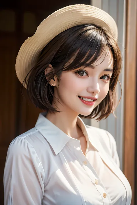 ((masterpiece)), ((Highest quality)), ((Complex)), ((Surreal)), (Realistic), (Mature Woman), ((No classes)), Very detailed, (1 female), Beautiful and exquisite, (Beautiful Teeth), Grin, Brunette Bob Hair, Brown eyes, ((blouse)), (Upper Body), (background:n...