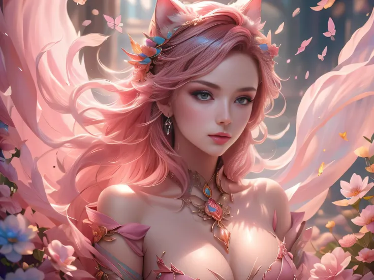 (Best Quality, 8K, Masterpiece, HDR, Soft Lighting, Picture Perfect, Realistic, Vivid), Cat Girl (1.0), Cat Girl with Red Hair and brown eyes and Sexy Revealing Clothes, Pink Bodysuit with Glitter Texture, Beautiful Anime Fantasy, Very beautiful and cute c...