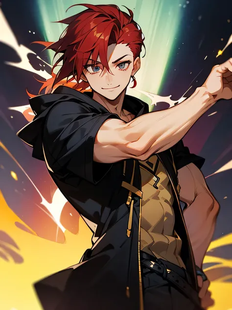 solo, upperbody, dark red fliiped hair, males hair style, sidecut, backcut, males eyes, black hoodie, stylish pose, smile, flash, aurora revolution,