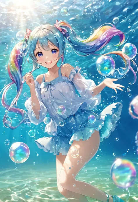 Beautiful girl in water with lots of bubbles　Lots of big bubbles　Rainbow bubbles　Light blue long hair　Beautiful girl with twin tails　In crystal clear water　Smiling Girl