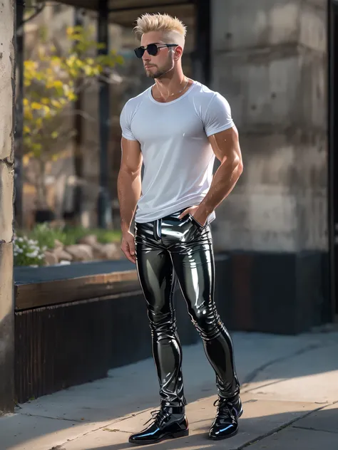 handsome male, manly, (simple ((glossy shiny)) black сompression t-shirt, ((shiny glossy)) silver pants: 1.15), short beard, caucassian, 1boy, (anatomically correct, eye focus: 1.2), blonde hair, hands in pockets, confident pose, outdoor scene, standing,