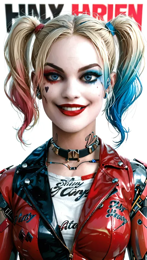 (work of art, high qualiy, movie poster, wall-paper) harley quinn smiling showing her teeth, with blonde hair, really large bust...