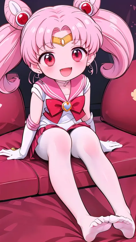 high quality，Sailor Moon，young年，Seven years old，cute，Metal hairpins，（little girl），（Little Loli），Pink Hair，short hair，（Red hairpin），（Double tail），Sailor Suit，Red bow，White elbow gloves，Red Skirt，(White pantyhose:1.5)，(young)，(Small)，（Short legs）（No shoes），S...