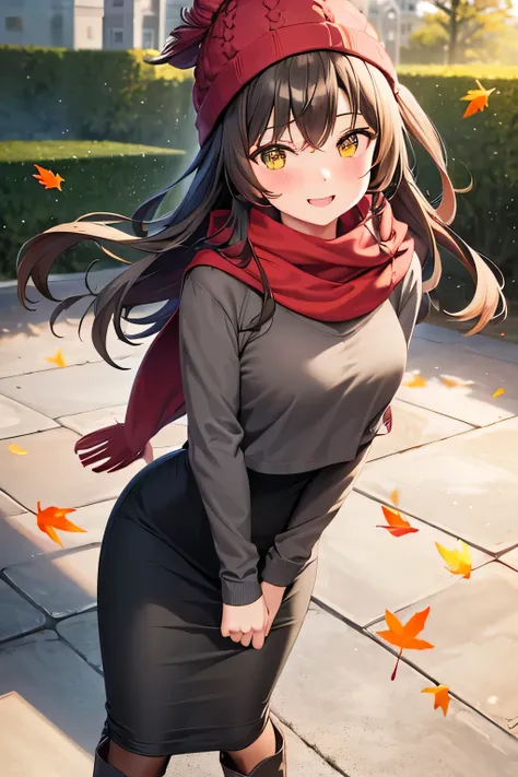 1girl, woman, gray hoodie (cropped), tight midi pencil skirt (black), long length pencil skirt, long brown hair, looking at viewer, full body, smile, blush, boots, garden, fall, leaves, red beanie, scarf