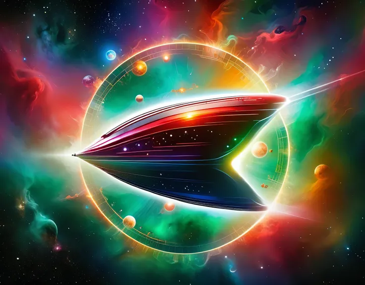 "A high-tech starship navigating through a colorful cosmic expanse, featuring a gradient backdrop from green to red with scattered stars. The ship’s design includes a large circular front section, an extended body, and external nacelles, all highlighted by...