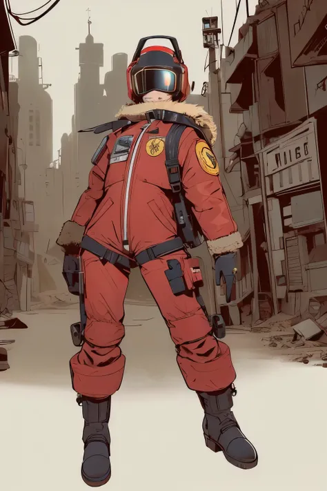 full body image, (ultra detailed,ultra high res,detailed background),((2D)),((flat color)),((muted color)), 1solo, looking at viewer, baggy red flight suit, large shearling collared bomber jacket, (big yellow galoshes), plush collar, full body image, weari...