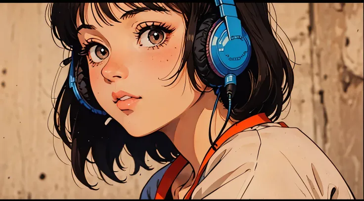 a girl, 80s anime style, retro, lo-fi, piercing, wearing headphones, in the morning, headshot, close-up of face, intense closeup...