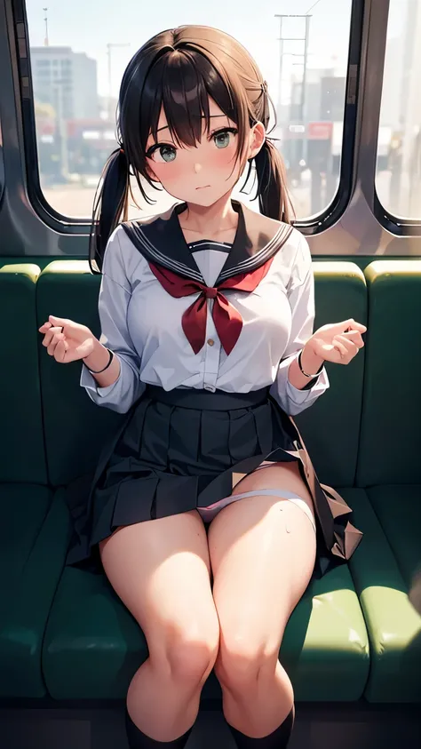 crowd,crowded train:1.5 ,Open the first button.,clasp hands between thighs,Panty drop,black twin tail,POV,Shiny, sweaty thighs:1.5,close legs,Japanese , sitting on a train,Green sheet,sailor uniform, white shirt, red ribbon, brown leather shoes, skirt lift...