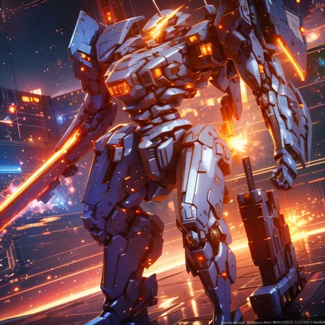 (Obra de arte, melhor qualidade:1.5).Orange mech with white details, carried a double tower-shaped shield. Square body and octagonal connections brought a more sacred air, as well as its heavy and massive size to withstand heavy blows. Extremely detaild, 8...