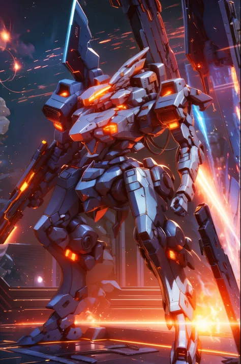 (Obra de arte, melhor qualidade:1.5).Orange mech with white details, carried a double tower-shaped shield. Square body and octagonal connections brought a more sacred air, as well as its heavy and massive size to withstand heavy blows. Extremely detaild, 8...