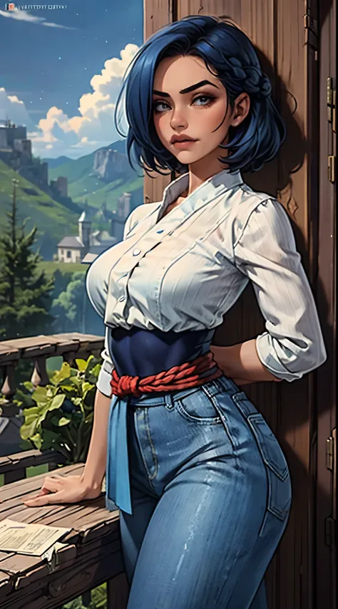 a girl, - indigo blue hair, short uplifted and fluffy hairstyle, sharp look, a serious expression, a fantasy martial arts style ...