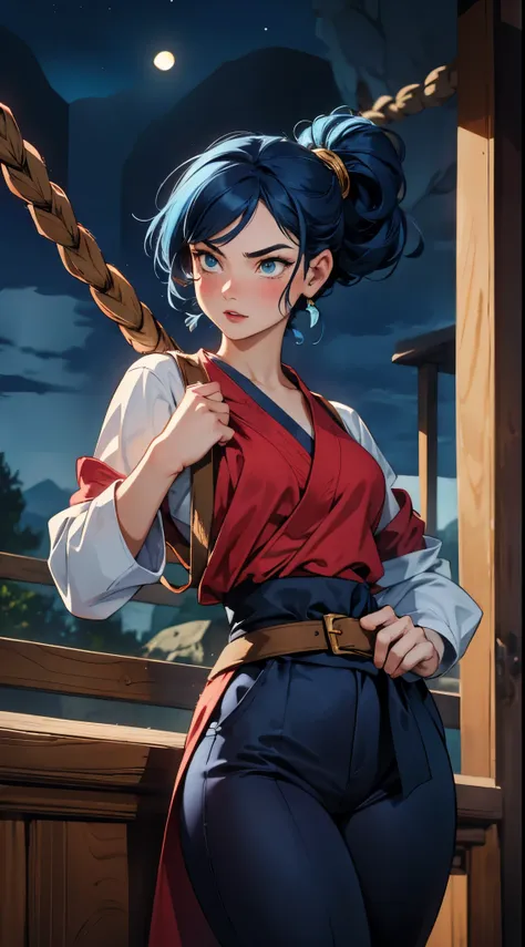 a girl, - indigo blue hair, short uplifted and fluffy hairstyle, sharp look, a serious expression, a fantasy martial arts style ...