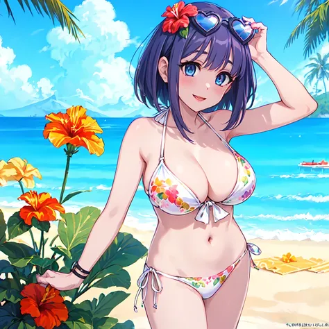 (((highest quality)))、(((perfect anatomy)))、(((beautiful posture)))、 (((a girl in a swimsuit with her arms behind her back and h...