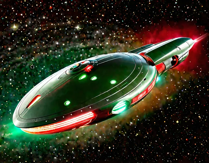 An advanced starship traveling through space, set against a gradient sky of dark green to red with tiny stars. The ship’s sleek design includes a prominent circular front, elongated body, and nacelles, with a metallic finish and bright lights accentuating ...