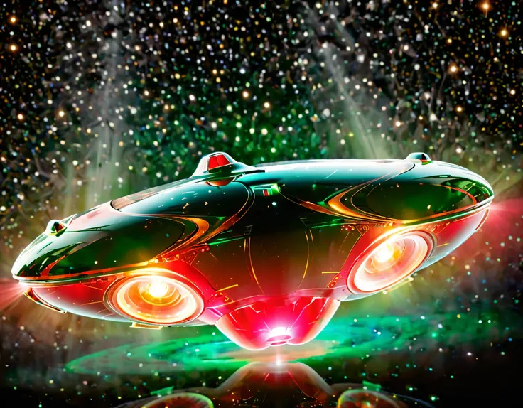 An advanced starship traveling through space, set against a gradient sky of dark green to red with tiny stars. The ship’s sleek design includes a prominent circular front, elongated body, and nacelles, with a metallic finish and bright lights accentuating ...