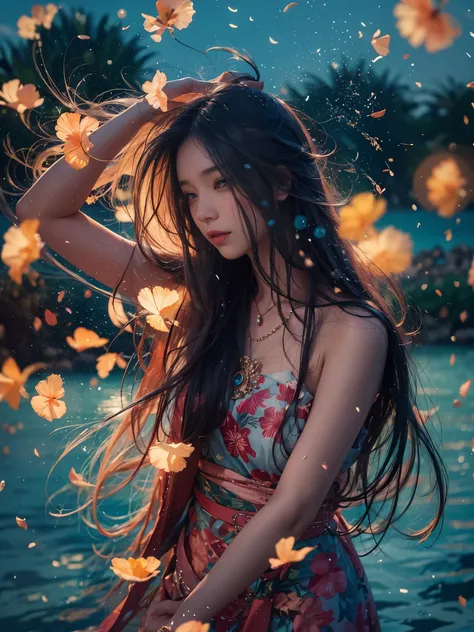 hibiscus Moon with water drops，neonlight，Random background，sunraise，bokha mood，A girl with long flowing hair，The petals fall in the wind，Nikon photo effect