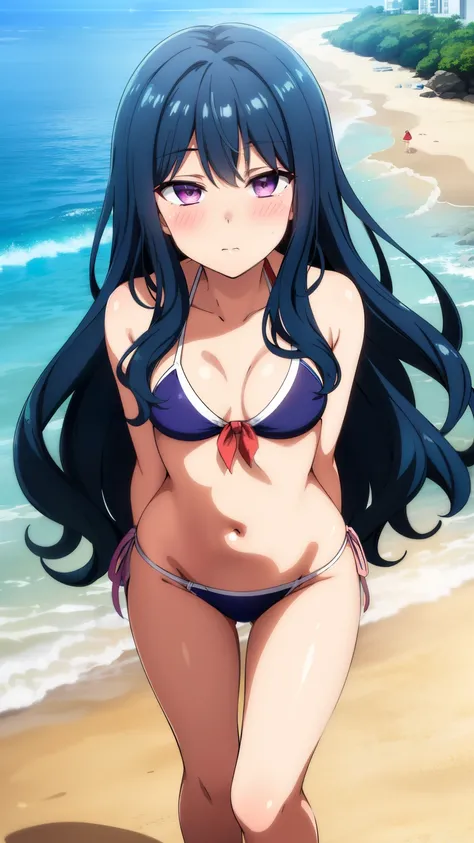 (masterpiece, best quality, high resolution, 8k:1.2),anime art style, nozaki yuu,anime, girl1people, small breasts, (narrowed eyes, eyes half-closed, jitome, rolling eyes :1.2),(eye light: 1.2),closed mouth, blue hair, very long hair, (wavy hair:1.2), purp...