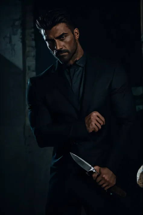 a handsome and realistic man, detailed face, striking eyes, sharp jawline, muscular build, wearing a dark suit, holding a knife,...