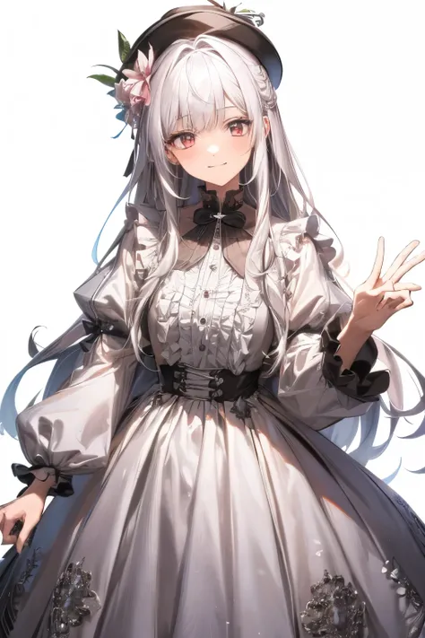 masterpiece, best quality, 1 Girl, Solitary, long_hair, Watching_exist_Viewer, white hair, Red Eyes, Smile, Bangs, skirt, shirt, long_sleeve, hexist, skirt, bow, Keep, close_Mouth, flower, Ruffles, hair_flower, flower瓣, flower束, Keep_flower, center_Ruffles...