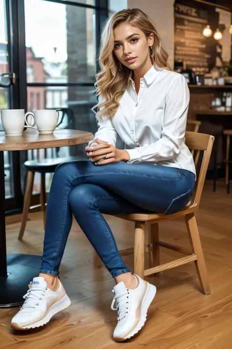 high quality,16K:1.1),((, German woman sitting on a chair in a coffee shop）, 、(Full Body Shot:1.2),(),Blonde wavy hair、、ear piercing、smile、Beautiful teeth alignment、((Long sleeve blouse、Skinny jeans、sneakers)), ,(View your audience:1.3),The background is a...