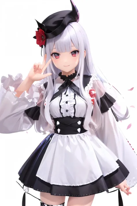 masterpiece, best quality, 1 Girl, Solitary, long_hair, Watching_exist_Viewer, white hair, Red Eyes, (((shiny Smile))), Bangs, skirt, shirt, long_sleeve, hexist, skirt, bow, Keep, close_Mouth, flower, Ruffles, hair_flower, flower瓣, flower束, Keep_flower, ce...
