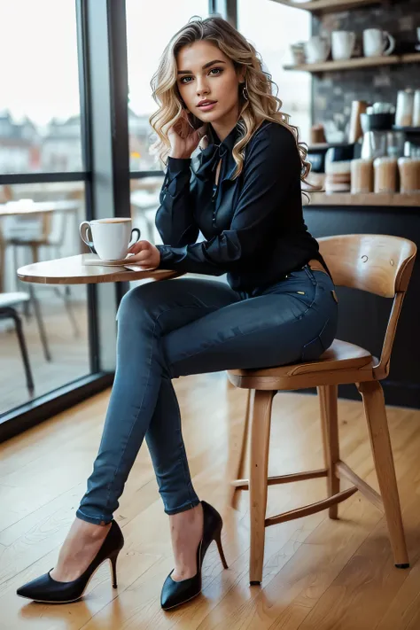 high quality,16K:1.1),((, German woman sitting on a chair in a coffee shop）, 、(Full Body Shot:1.2),(),Blonde wavy hair、、ear piercing、smile、Beautiful teeth alignment、((Long sleeve blouse、Skinny jeans、pumps)), ,(View your audience:1.3),The background is a co...