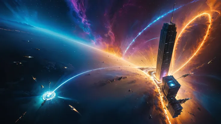 aerial view. brightly colored abstract image of a space station with a spiral, epic beautiful space scifi, chaotic cinematic space rift, greg beeple, planets colliding, beeple and tim hildebrandt, beeple and jean giraud, end of the universe, galaxy space s...