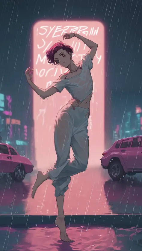 (Masterpiece, Best Quality, high resolution, 32k drive wallpaper, Extremely detailed CG:1), (weak illustration on stage:1.0), ((1 young handsome cyberpunk:1.5 dancing in the rain:1.7 )),(( cyberpunk night city:1.4)), neon signs futuristic cars,dark place r...