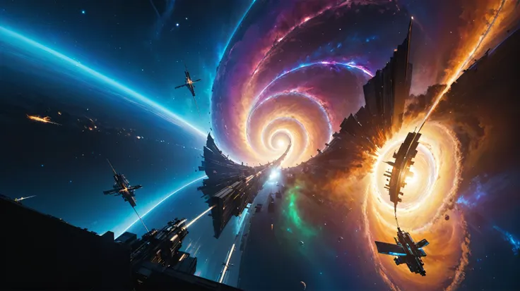 aerial view. brightly colored abstract image of a space station with a spiral, epic beautiful space scifi, chaotic cinematic space rift, greg beeple, planets colliding, beeple and tim hildebrandt, beeple and jean giraud, end of the universe, galaxy space s...