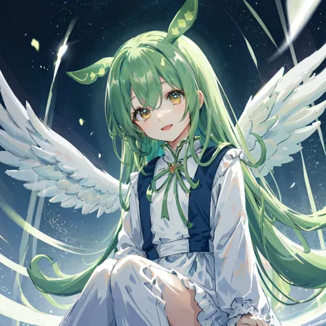 Dark green hair, eyes are yellow, scenery, Mountain, Upper Body, smile, Sitting, Open your mouth, Particles of light, Looking at the audience, Face Focus,Big angel wings,Angel Halo、Look here、Wearing a light white dress