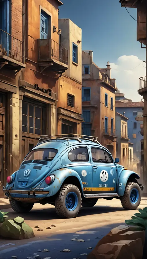 beetle、blue、photographed from diagonally in front、four-wheel drive、off-road tires、