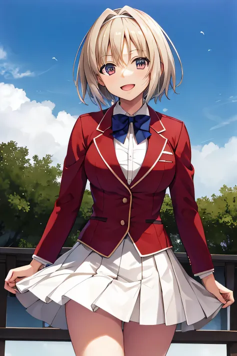 masterpiece, Highest quality, High resolution, Akio, short hair, Hair Intake, White hair band, Blue bow tie, Collared shirt, blazer, Red jacket, Long sleeve, White Skirt, Pleated skirt, Black socks, Cowboy Shot, Are standing, Outdoor, straight, Place your ...