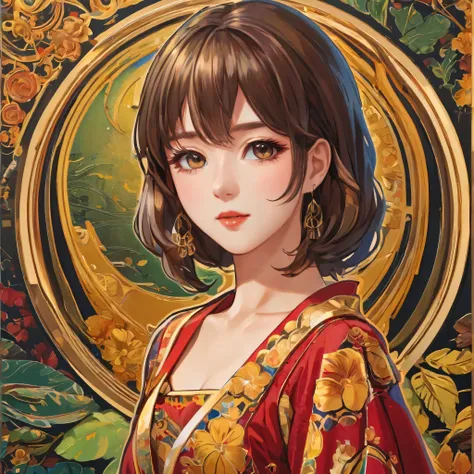 (a sticker,),(3D anime girl),dress, elegance,beautyful face,(In circlerown background), (PCB board border)（oil painting style）， ultra - detailed, best quality, Detailed diagram, vectorized, 8K, Professional a sticker design, Graphic design, vector lines, a...