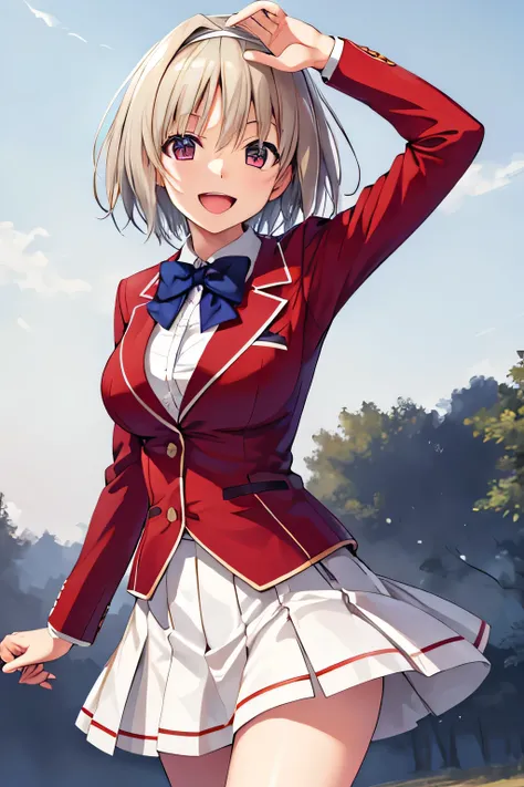 masterpiece, Highest quality, High resolution, Akio, short hair, Hair Intake, White hair band, Blue bow tie, Collared shirt, blazer, Red jacket, Long sleeve, White Skirt, Pleated skirt, Black socks, Cowboy Shot, running, Outdoor, straight, Place your arms ...