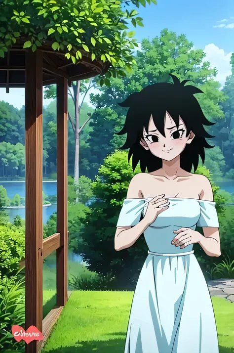 anime screencap, masterpiece, best quality, highres, outdoors, small breasts, gine, spiky black hair, 1 girl, solo, black eyes, ...