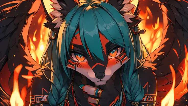 miku hatsune, add high definition_detail:1, blue fur,kitsune ears, tribal tattoo add_detail:1, in hell add_detail