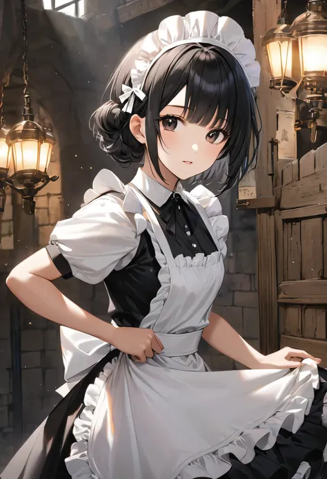 high quality, detailed, Realistic, (16 years old japanese idol maid boy:1.3), (detailed black eyes), (black short hair),  (shiny skin), dungeon, (apron), (head dress), (tiny thongs), (bulge:1.2), candle,