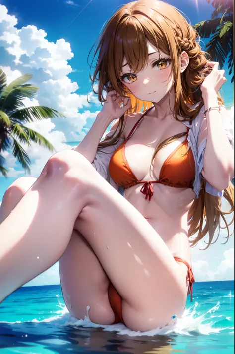 a sun ayuuki, a sun a yuuki, Long Hair, Brown Hair, (Brown eyes:1.8), Medium Chest,Open your mouth,smile,Red Bikini Swimsuit,barefoot,Water Play,Wet Hair,Wet Skin,Wet swimsuit,slouch,Daytime,Clear skies,Palm tree,True Summer,whole bodyがイラスト入るように,
break out...