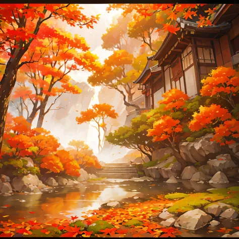 create an image of a Japanese landscape with orange autumn color