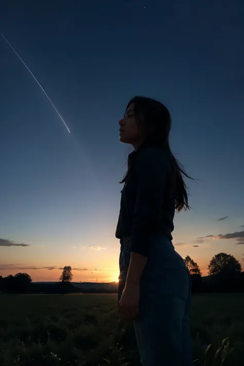 person (not so small in the picture) looking at the sky in an empty field at night
