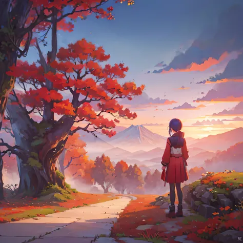 create a wallpaper of a small anime woman in a large autumn landscape in Japan, focus on the landscape, The woman is just a contrast to the grandeur of nature, beautiful digital artwork, beautiful digital illustration, cute digital painting, cute digital p...