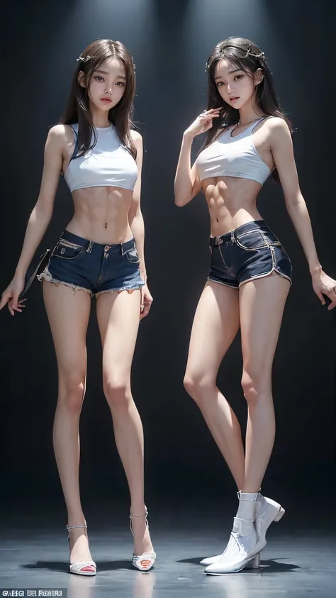 (8K、Raw photo、最high quality、masterpiece:1.5),(((((((Both of them stand with their legs apart:1.9))))))),(((((Both of them have an inseam that is more than half their height.:1.8))))),((Both have bare legs:1.6)),((Both of them are super slim:1.4))，(((((Two ...